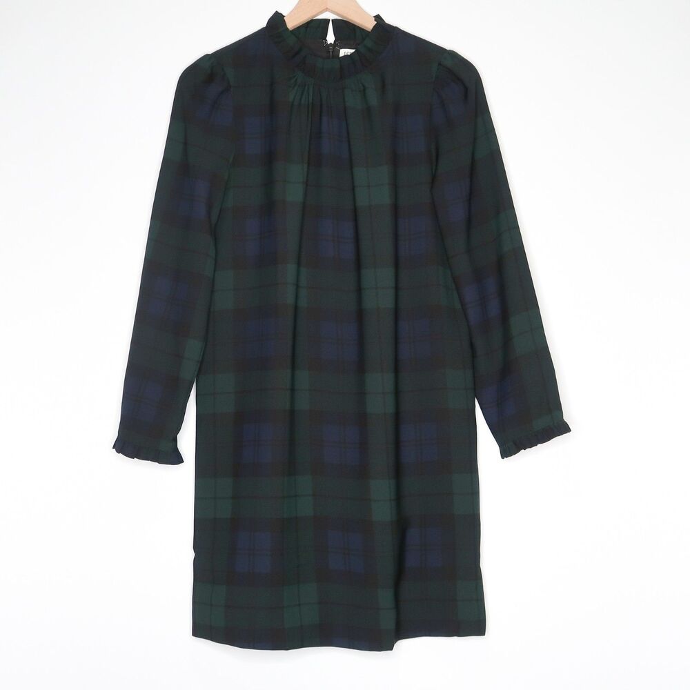 J. Crew Blackwatch Plaid Long Sleeve Shift Dress in Green and Navy